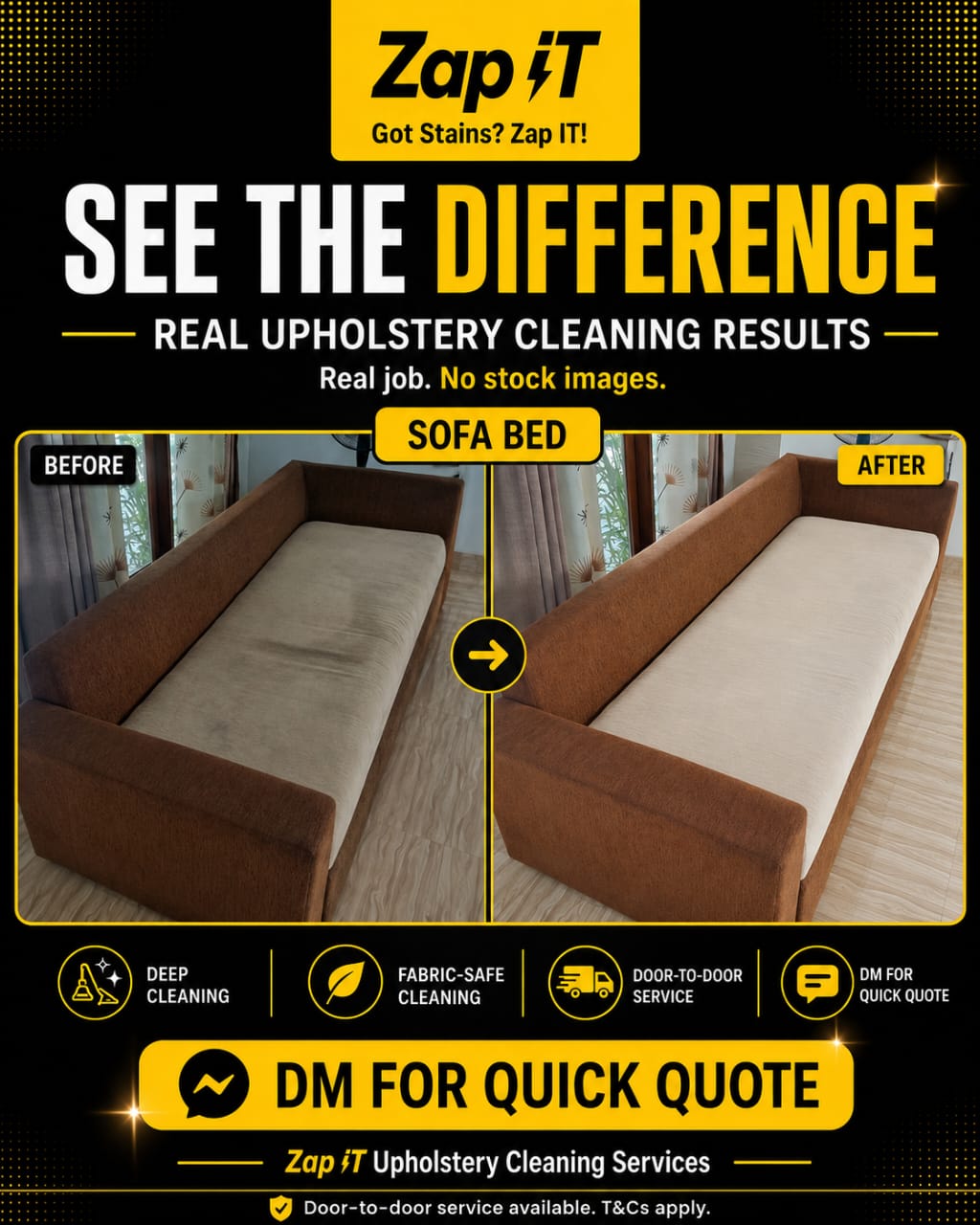 Zap-iT fabric sofa cleaning result