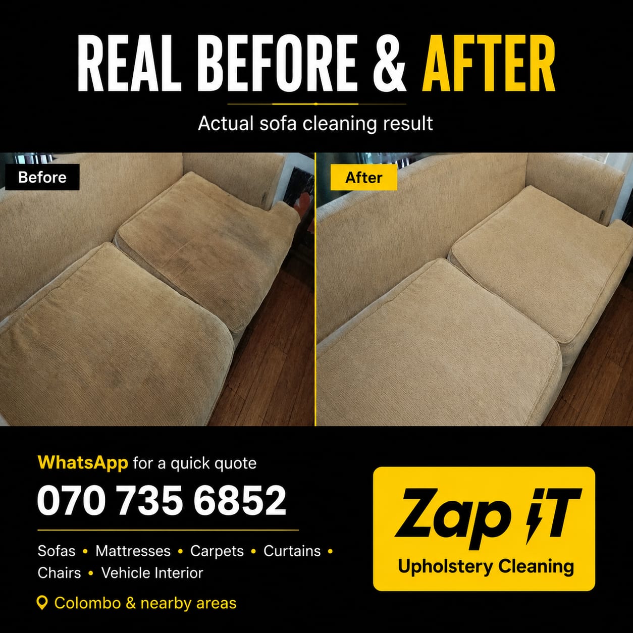 Real Zap-iT sofa upholstery cleaning result