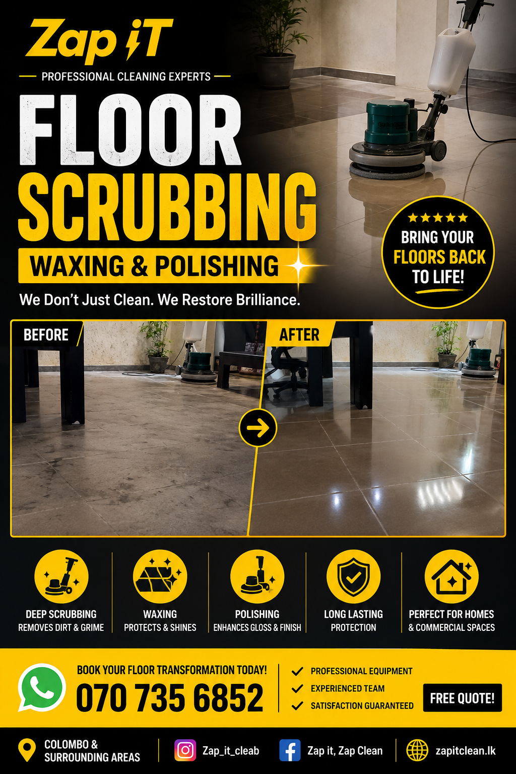 Zap-iT specialist floor scrubbing, waxing and polishing work